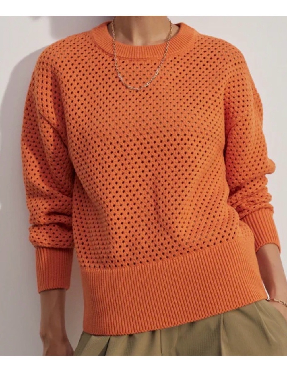 Varley Hester Knit Crew Sweater Small Orange Open Knit 100% Cotton, LIKE NEW